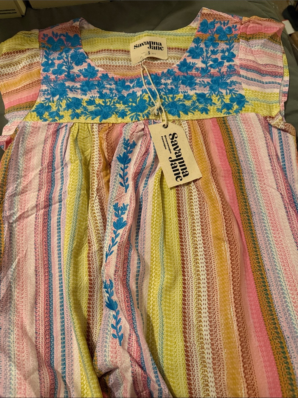 Savanna Jane Multicolor Pastel Striped Dress with Blue Embroidered Yoke